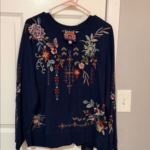 Johnny Was Navy Blue Boho Floral Embroidered Long Sleeve Pullover size L